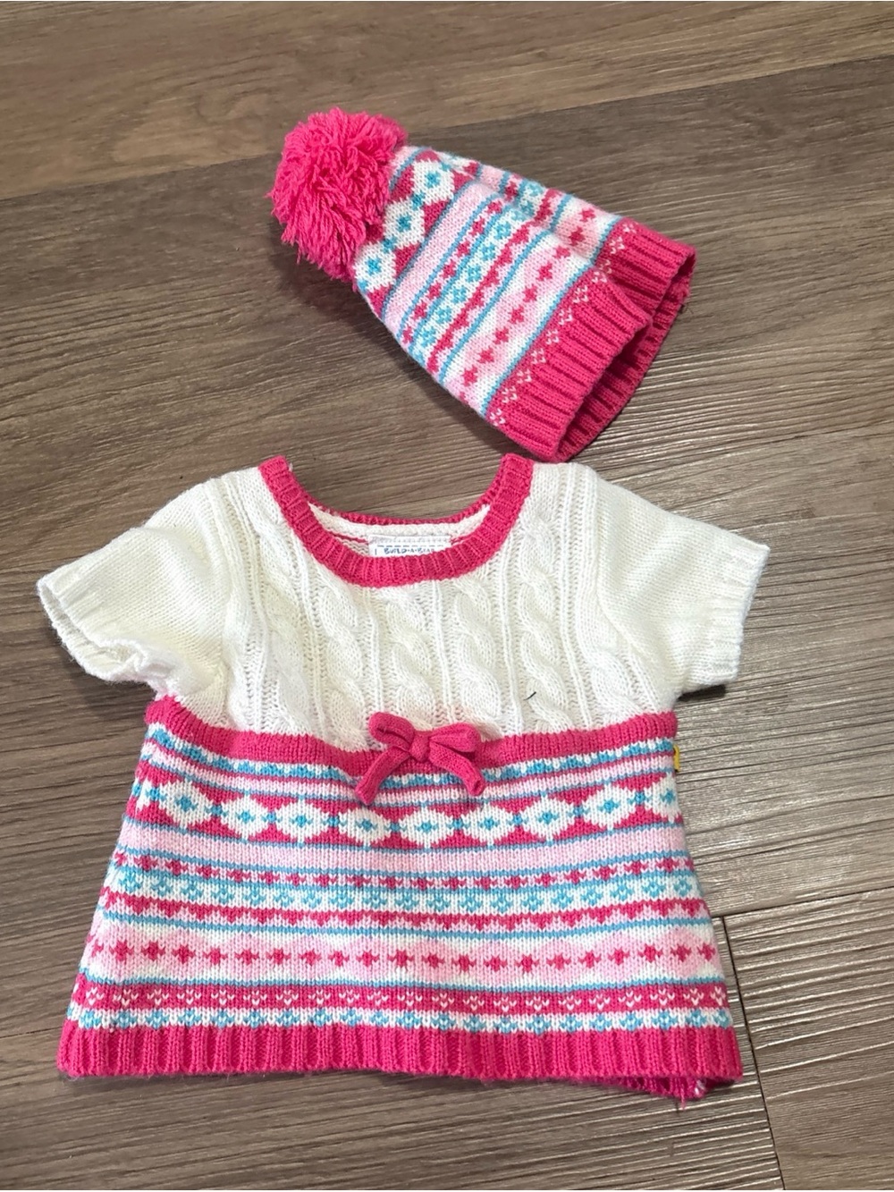 Unlisted Pink, White & Teal Knit Dog Sweater Dress with Pom Pom Hat